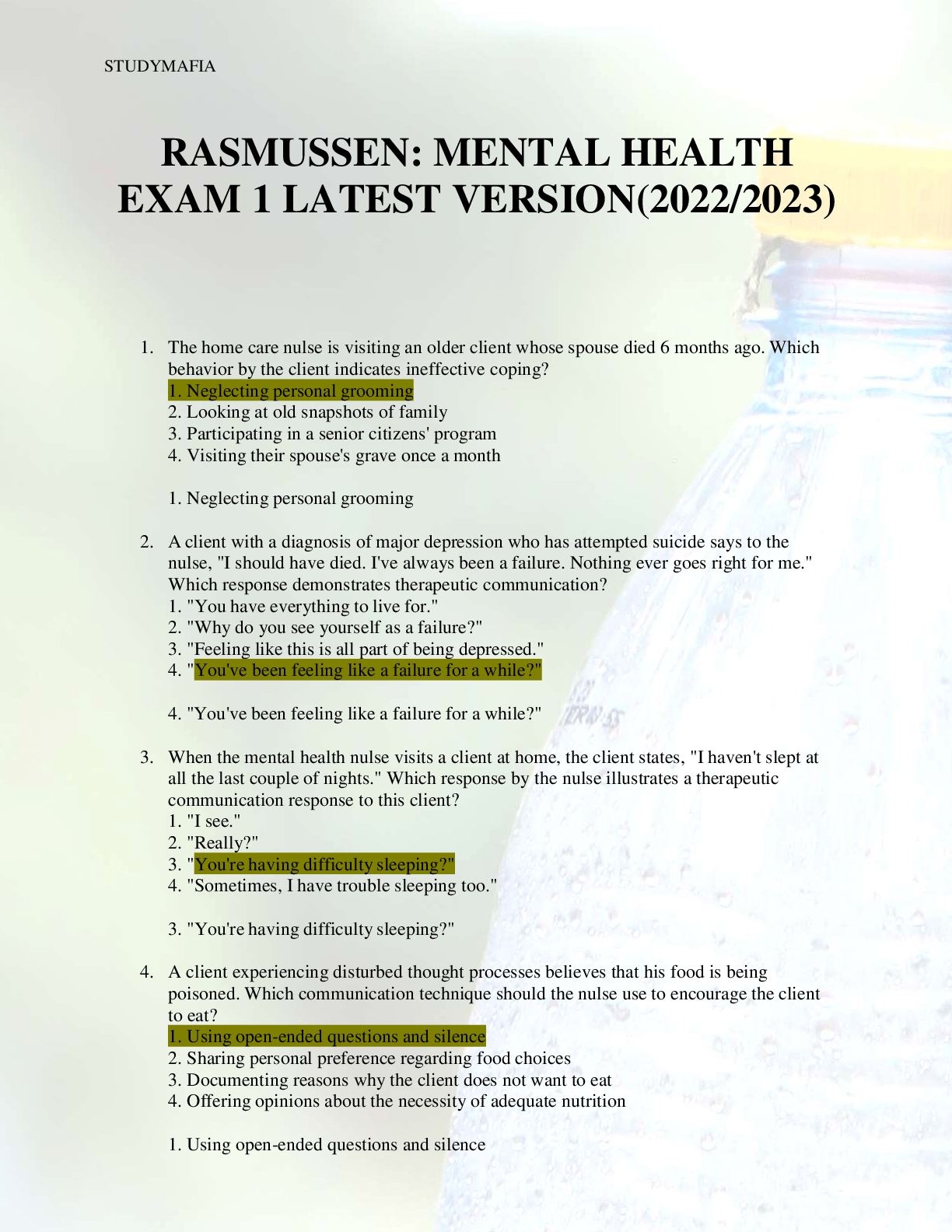 RASMUSSEN MENTAL HEALTH EXAM 1 LATEST VERSION(2022/2023) Browsegrades